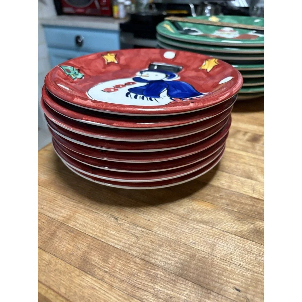 Set Of 8 Gibson Snowman Stoneware Dessert Plates 8”